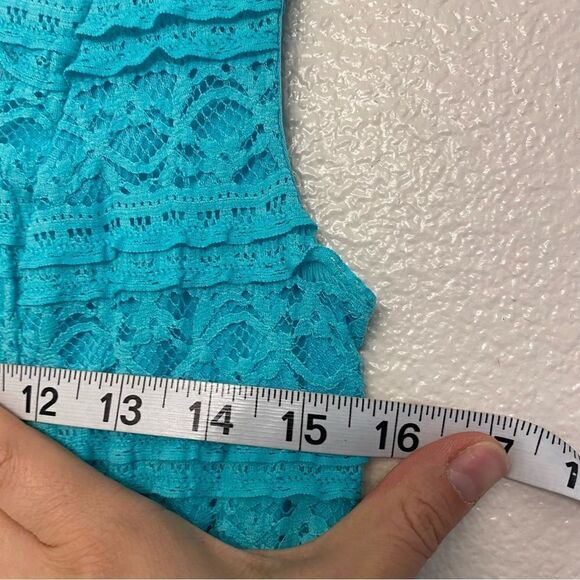 Aqua blue teal lace A Line Dress child 14/juniors - Picture 4 of 6